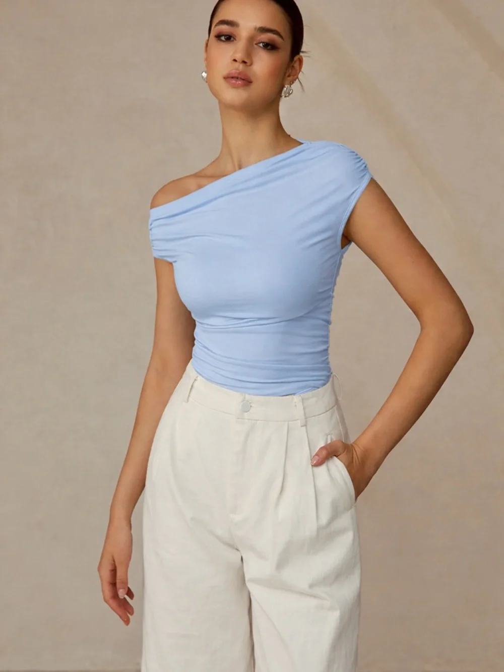 Commense Light Blue One-Shoulder Ruched Camisole - Picture 1 of 2